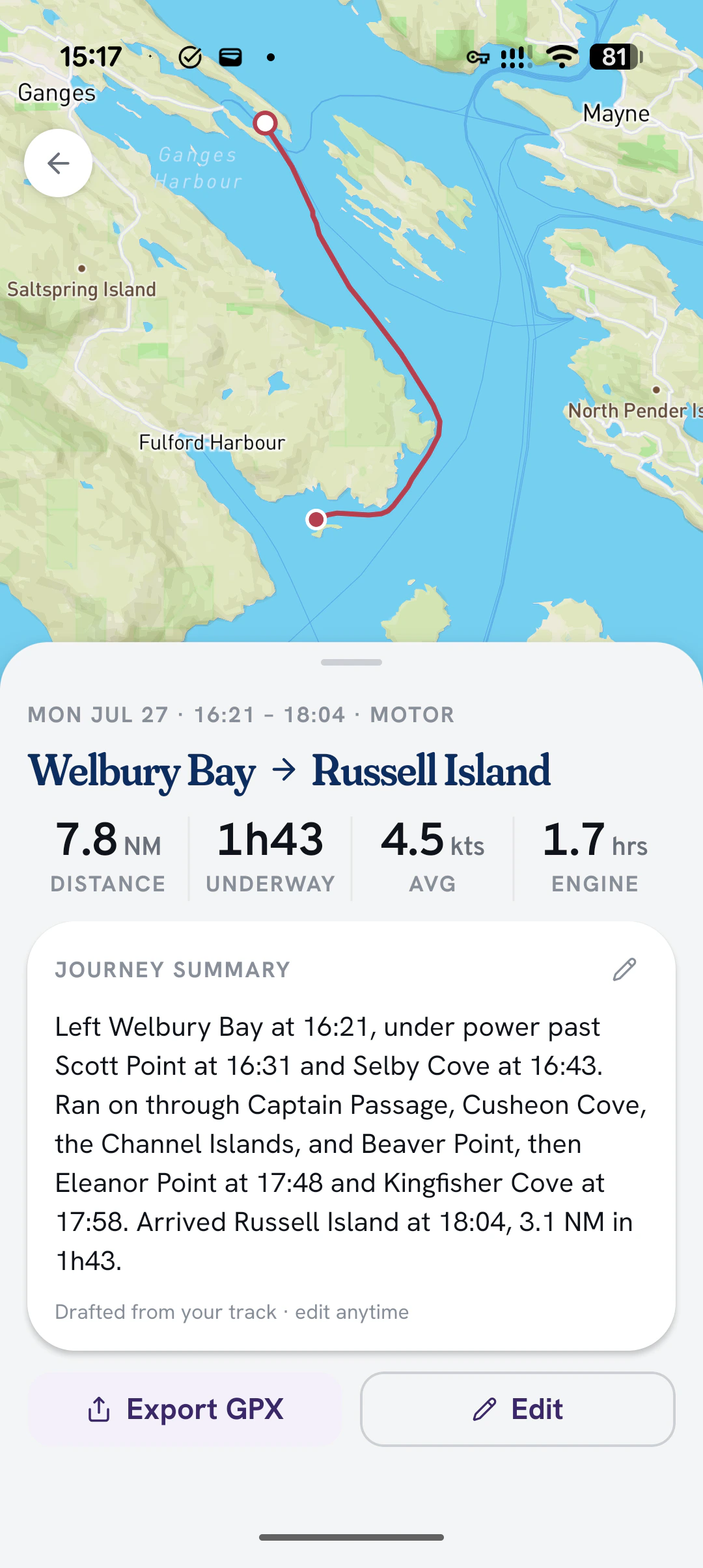 A completed journey with its route, trip numbers and editable summary