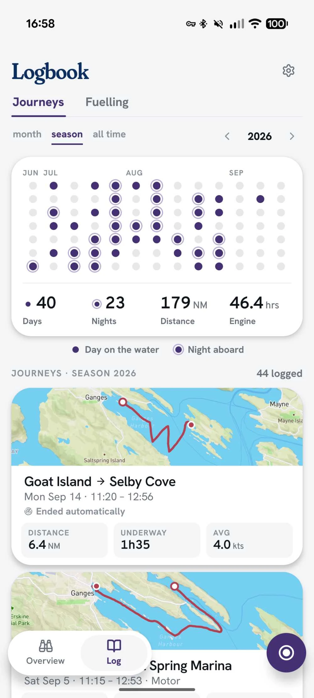 Logbook with a season calendar, days and nights aboard, totals and recorded journeys